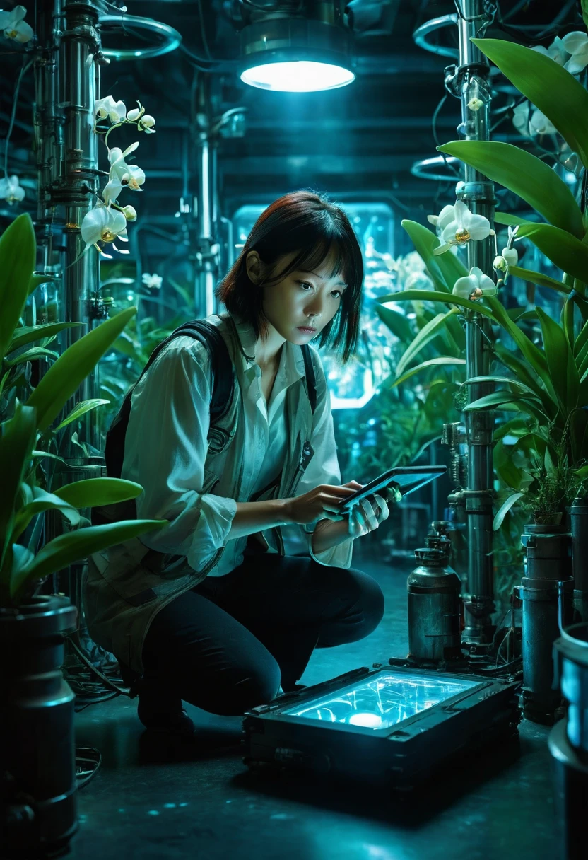Genius botanist lady Misaki crouching behind an elaborate metal device, holding a tablet with incriminating data, and in her other hand a weapon she holds a standard flashlight, A futuristic secret laboratory, rows of glowing cylindrical containers filled with rare orchids, bioluminescent plants emitting an eerie blue-green light, Alarms blinking red, steam hissing from pipes, floor reflective, holographic display showing molecular structure of plants, vial of liquid glowing in foreground, exit sign illuminated in distance, cinematic action scene composition, saturated colors, lens flare, ultra-detailed, intricate detail Highly Detailed Eyes, Faded, 16K resolution, RAW, Nikon Z9, Creative, Masterpiece, Fantasy, High Definition, High Quality, 8k, Realistic, Dramatic Lighting, Soft Focus, Digital Illustration, Intricate Mechanics, Advanced Techniques, Dark Background Cinematic, High Contrast, High Contrast Atmosphere, (Best Quality, 4k, 8k, High Definition, Masterpiece: 1. 2), Ultra-Detailed, (Realistic, Graphic, Photorealistic: 1. 4) -- No Glass --AR 16:9 --Stylize 1000
