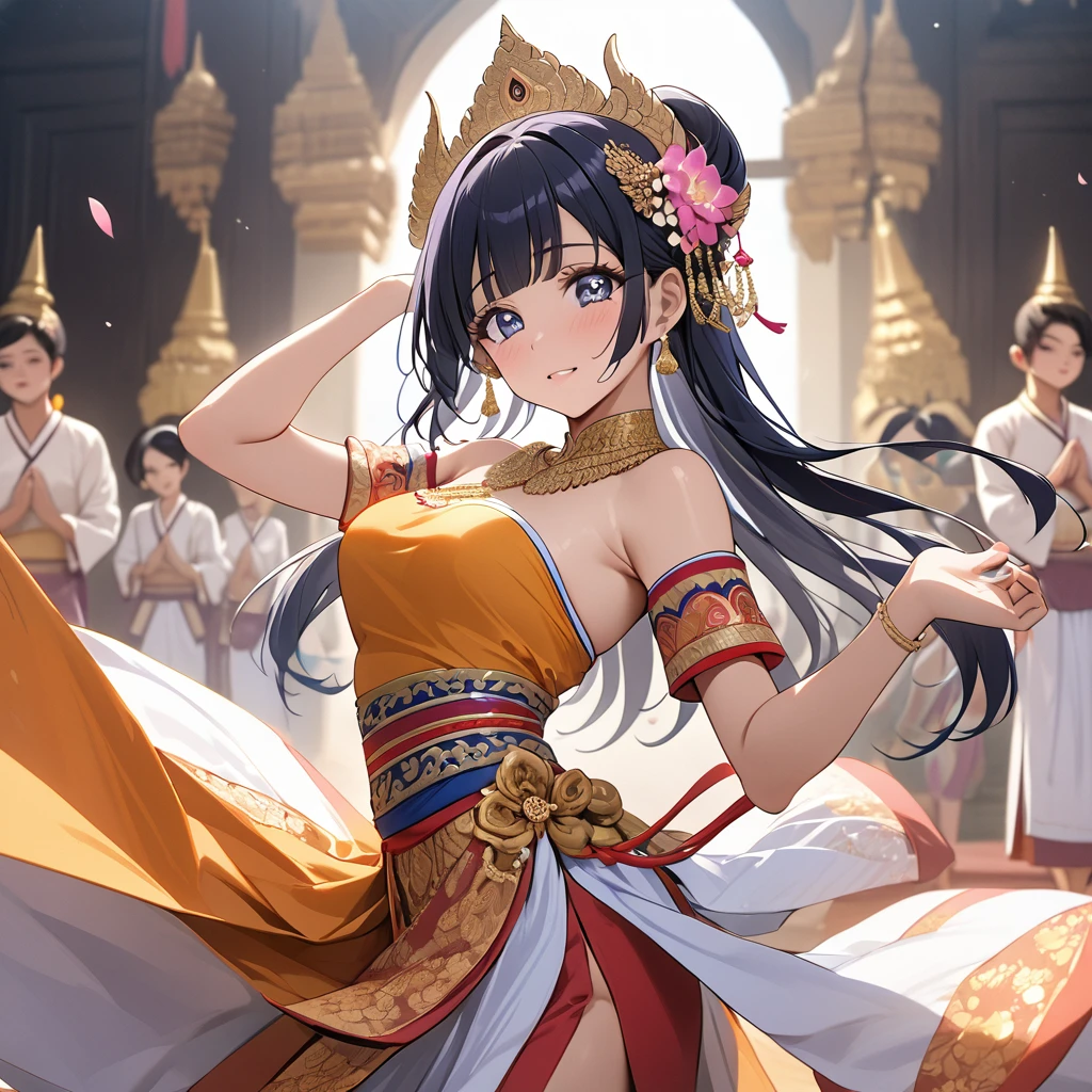 ((Highest quality)), ((masterpiece)), (detailed), (Perfect Face)、The woman is Reika Aoki with semi-long hair、A woman is wearing a Thai dance costume and dancing the Thai dance Ram in Thailand
