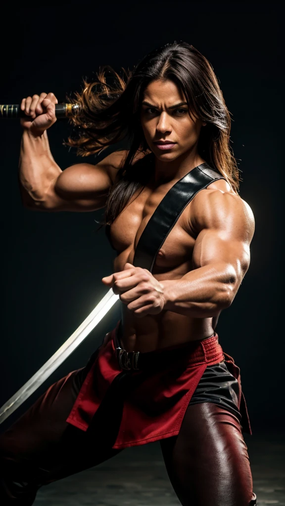 Fighting with two swords, Samurai, Stretch your arms, Realist:1.3,( fPhoto, Realist, 8k, RAW Photos, Premium Quality, masterpiece, Great lighting, Centered Images), (Dynamic Movement, Dynamic fighting,), (2 katana), whole body, (Disheveled brown long hair), (Handsome Japanese young man, have confidence、Trained muscles., Wildman and his body with perfect details), cyber punk, Warrior, Tokyo, Shibuya Ward,