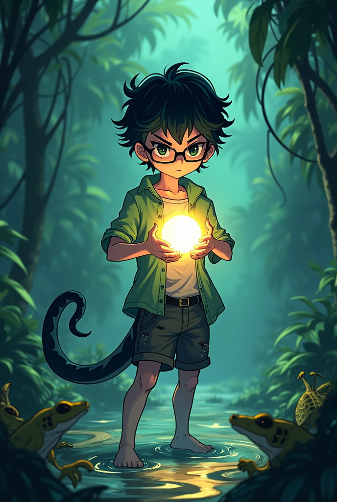 Better image quality. Anime style poster. Making a  boy, eyes black, with glasses, blackquality hair, wavy, 小柄. tall stature.skin fair, with scales, has a tail. Background make a swamp, with lizards. Clothes: torn shirt and dirty shorts. He is holding a glowing sphere.