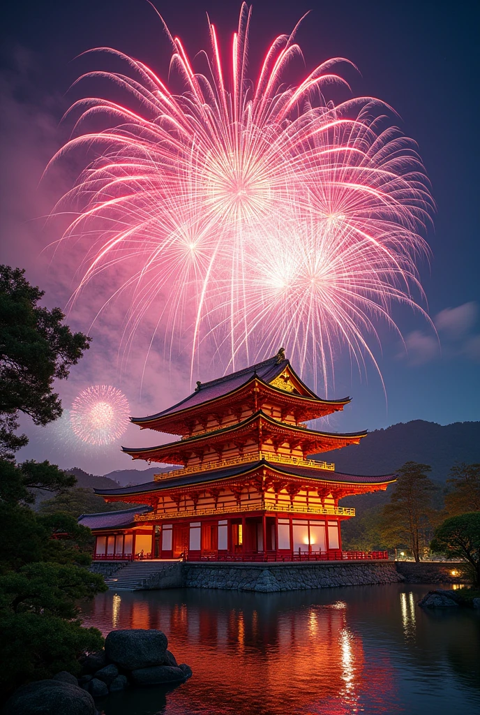 firework a lot colorful photograph Byodoin Temple Phoenix Hall
