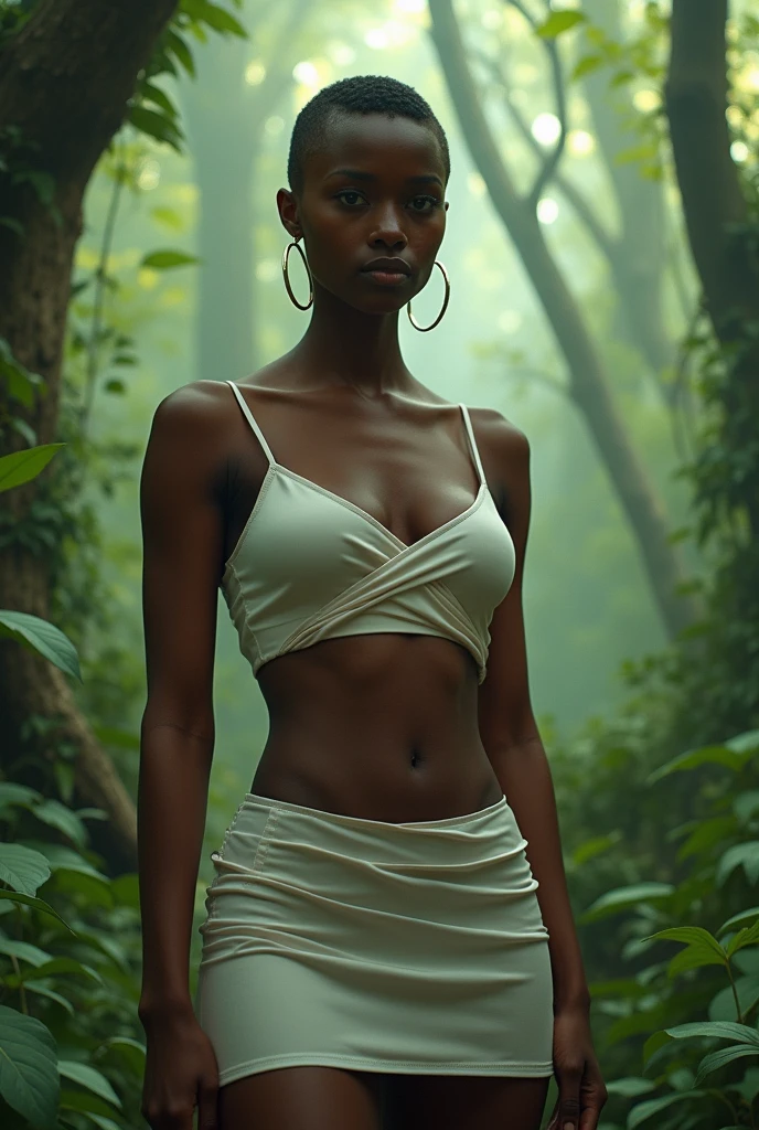 young black woman, short black military buzz cut, dark and well tanned skin, hoop earringswearing a see through white crop top and sheer silk mini skirt, in the background an enchanted mystical forrest