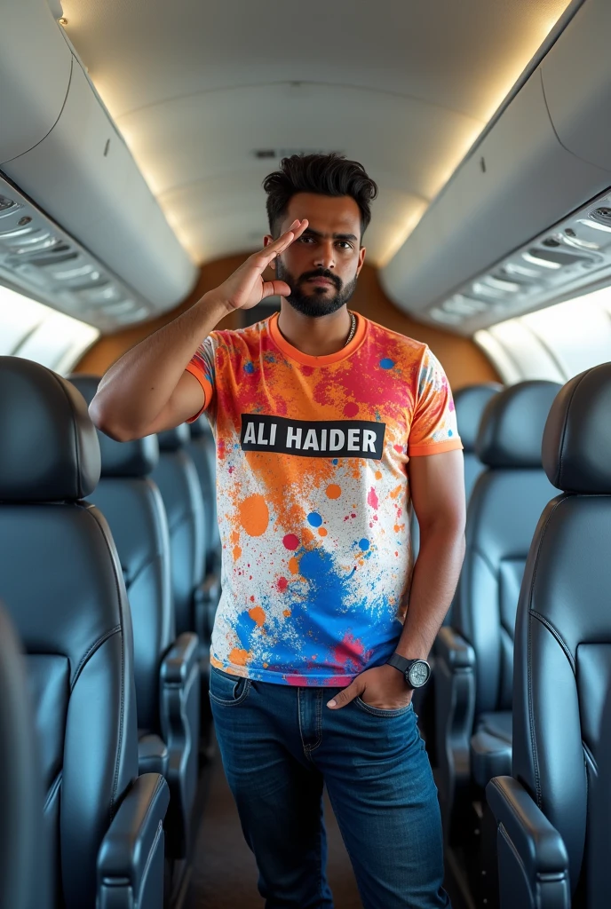 Here's a promotional script based on your request:

[Scene: Inside a sleek, modern aircraft. You're seated comfortably, wearing a bright red paint-splattered shirt with your name "Ali Haider" boldly printed on it. The aircraft's interior is spotless, and your name "Ali Haider" is also prominently displayed on the side of the plane.]

You: [standing up and giving a sharp salute] "Attention everyone! I'm Ali Haider, and I'm taking this flight to new heights!"

[You walk over to the window and give a thumbs-up to the camera, with the plane's name "Ali Haider" visible behind you.]

You: [smiling confidently] "Get ready for takeoff with me! We're going to soar to new heights and make this journey unforgettable!"

[Scene: Outside the plane, the camera pans up to show the plane's name "Ali Haider" emblazoned on the side, with you visible through the window, giving a salute and a smile.]

Voiceover: "Join Ali Haider on this epic journey! Buckle up and get ready for liftoff!"

Let me know if you'd like me to make any changes!
