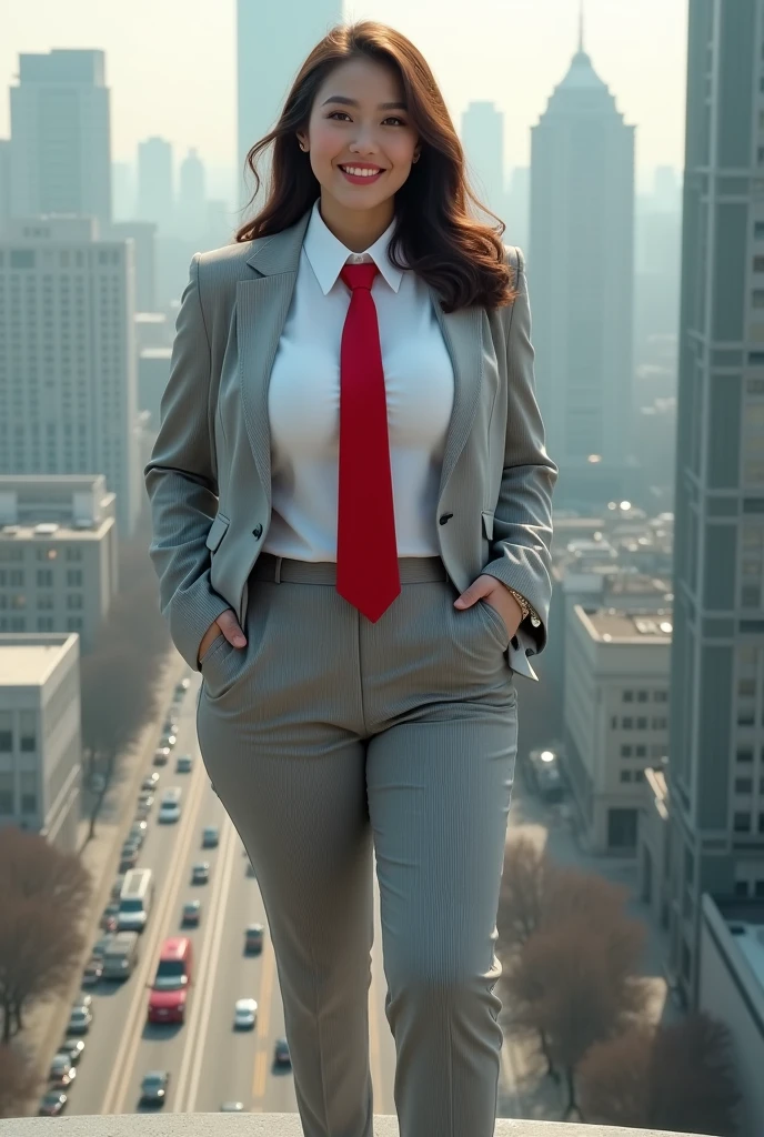 (photorealism:1.2), beautiful woman, , giga giantess art, standing on a city, in the middle of a city, young adult, curvy, a pair of huge breasts, slim, light grey pinstriped trouser-suit and blazer，white tailored shirt, (extra wide Windsor knot red tie), waist-length hair，Wearing a pair of red platform heels，distance shot, A look of enjoyment, Beautiful appearance, smile, view from space, giga giantess