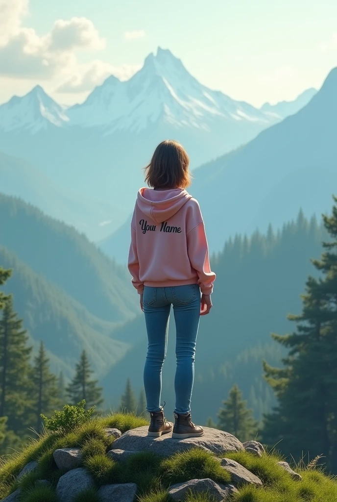 A lady standing on mountain of fully nature
Wearing pink hoody and blue jeans
YOUR NAME written back side of the shirt