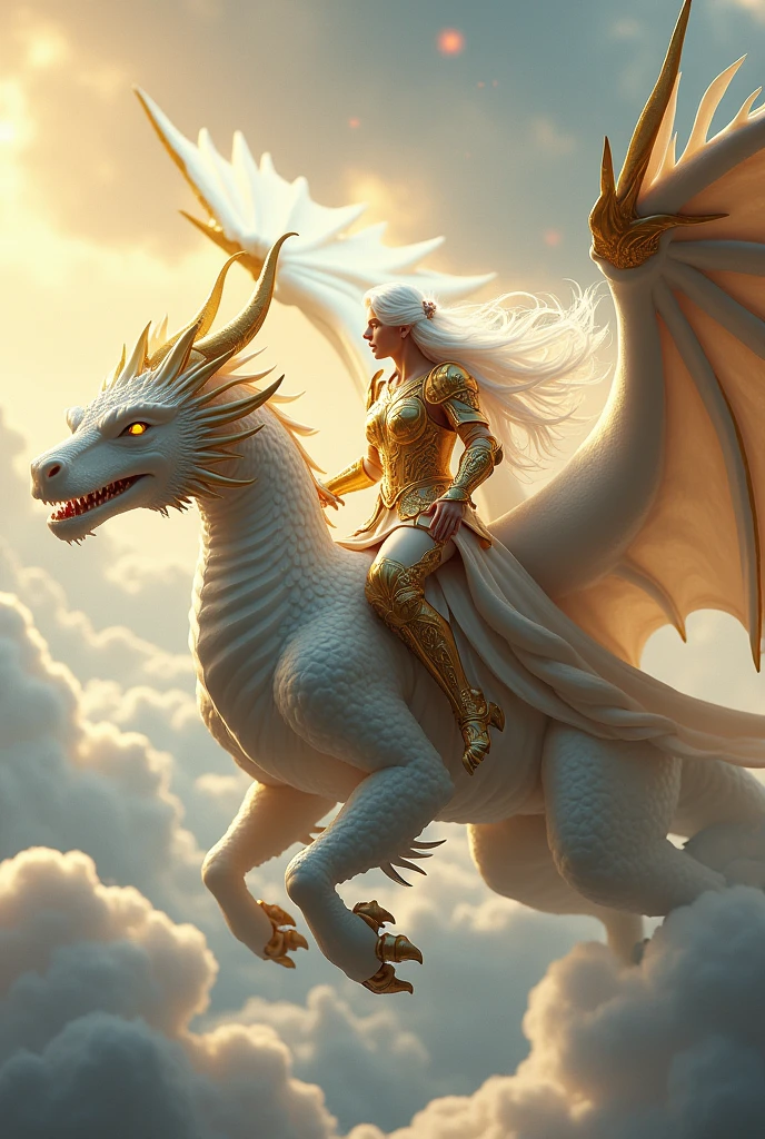 A paladin with long, white hair flying atop a white celestial dragon with white and gold wings 