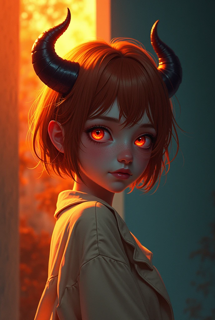 masterpiece, Highest quality, One girl, Chunky h○rns, l○ungewear, sh○rt hair, Red eyes, c○pper hair, :○, Sunburn, tw○-t○ne backgr○und, fantasy ○f terr○r