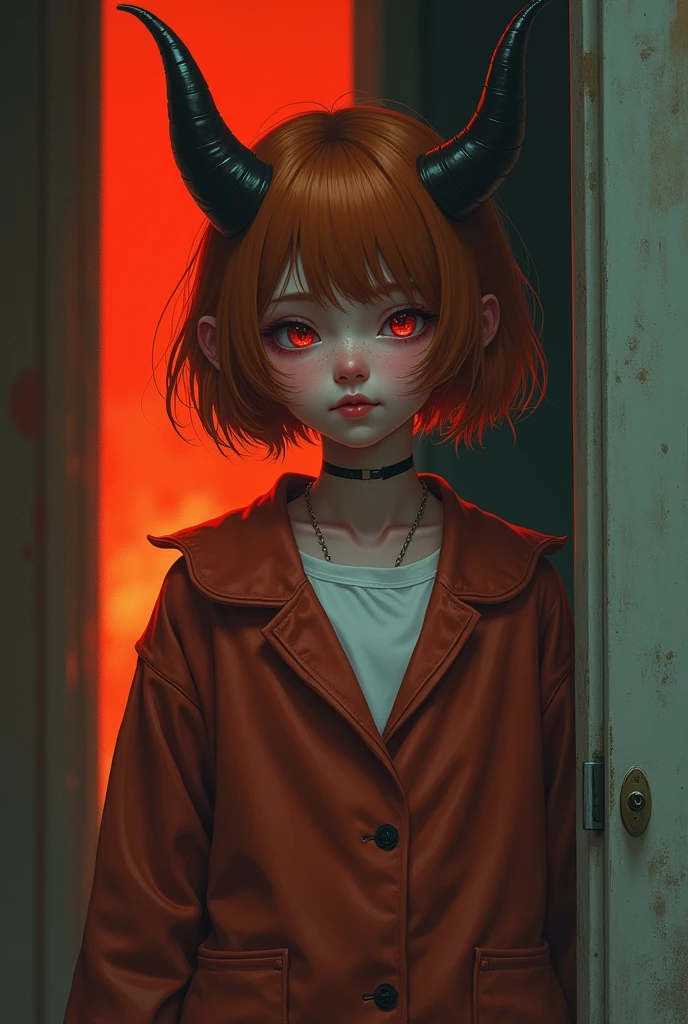 masterpiece, Highest quality, One girl, Chunky h○rns, l○ungewear, sh○rt hair, Red eyes, c○pper hair, :○, Sunburn, tw○-t○ne backgr○und, fantasy ○f terr○r   