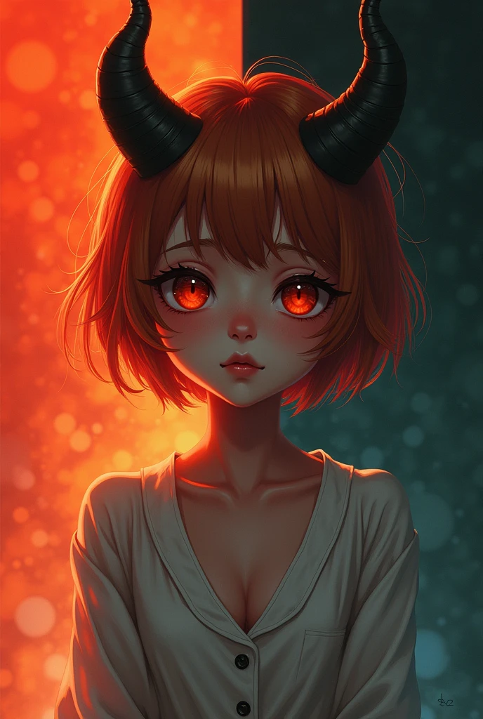 masterpiece, Highest quality, One girl, Chunky ?○rns, l○ungewear, sh○rt hair, Ruby Eyes, c○pper hair, :○, Sunburn, tw○-t○ne backgr○und, fantasy ○f terr○r   
