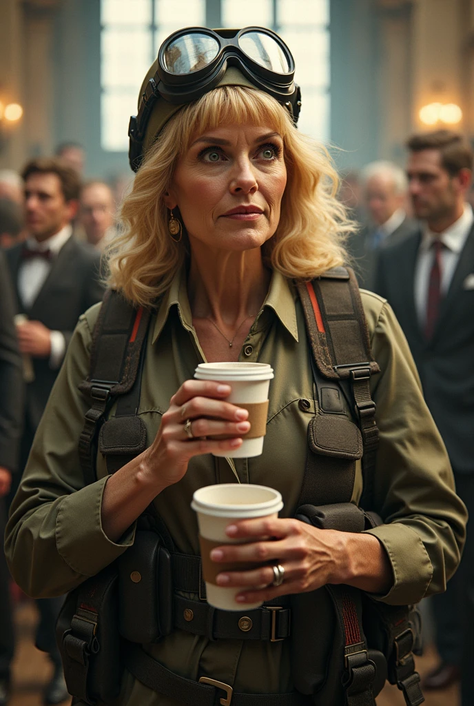 Blonde woman age 60,drinks coffee from a paper cup, trader ,dressed as a toastmaster at a wedding, in the form of a paratrooper