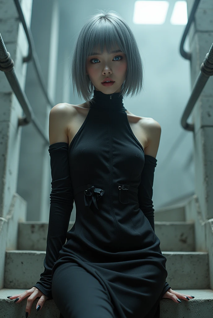 masterpiece, Best Quality, hyper Realistic, A mysterious and sophisticated beautiful young gravure Japanese woman with blue eyes wears futuristic and sexy fashion art. Detailed clothing butt, woman is climbing at a wide angle, with her full body in frame. large Butt, sexy large breasts, slim waist, Create an image of a sophisticated black dress designed for a formal setting. The dress should have a sleek, body-hugging silhouette that reaches the knees. The material should be a shiny, luxurious fabric like satin or silk, giving the dress an elegant sheen. The dress should feature decorative ribbon-like elements made from the same material, randomly placed across the dress to add texture and movement.

The neckline should be high, covering the collarbone, while the shoulders are exposed, adding a touch of modernity to the classic design. The model in the image should wear pointed black high heels to elongate the legs and complement the dress. The background should be simple and clean, allowing the focus to remain on the dress’s design and details. Ensure the overall aesthetic is refined and chic, suitable for a fashion lookbook or an online store display.

This description should guide the AI to generate an accurate representation of the outfit while highlighting the key design elements.  hyper small head and face, wide and big Duck mouth, half open mouth, perfectly aligned teeth, perfect beautiful wide teeth, Detailed eyes, light blue eyes, half open eyes, shiny Droopy eyes, gray hair, looking other, She is situated within the interior of a futuristic colony, with mist drifting and steam rising from concrete