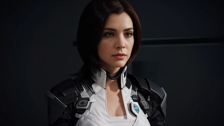 There is a woman in a white dress and a black jacket, Comandante Shepard, Using mass effect armor, Femshep, Gordon Freeman as a woman, inspired by Eve Ryder, Mass Effect style, female character, Mass Effect inspired, female main character, Fairy Shepard style art, crew member of a futuristic spaceship, quinn, sigma woman, white bangsblack hair, emma