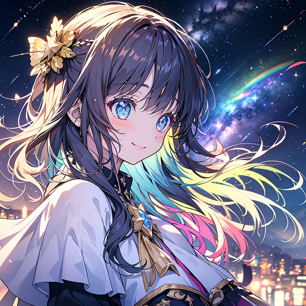 masterpiece、girl、Rainbow colorsの髪、Sparkling eyes、smile、Shining Background、Starry Ski、Rainbow colors、Starry Sky、milky way、Upper Body、profile