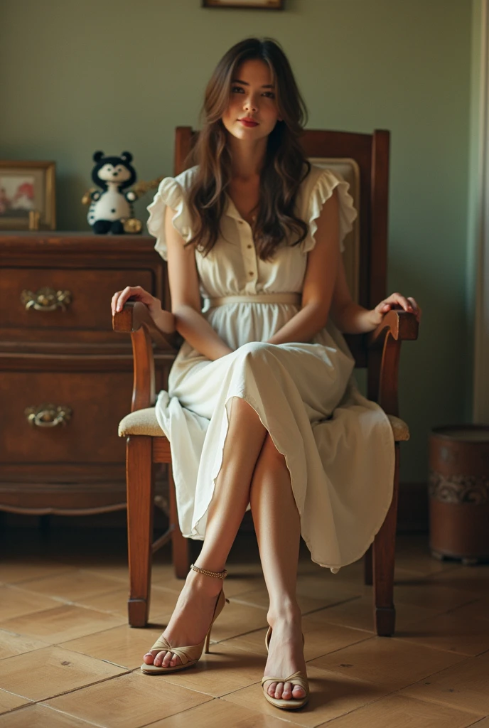 girl in her 20s sitting on wooden chair, wearing summer dress, 1980s vibe, vintage vibe, wearing high heels, front view, faded photo, vintage house