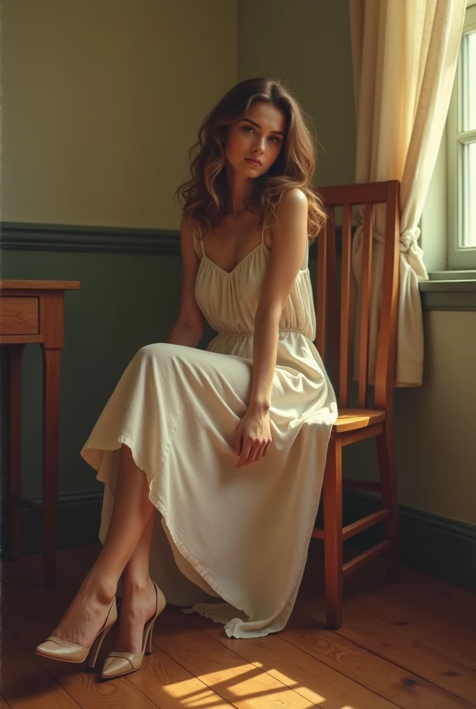 girl in her 20s sitting on wooden chair, wearing summer dress, 1980s vibe, vintage vibe, wearing high heels, front view, faded photo, vintage house