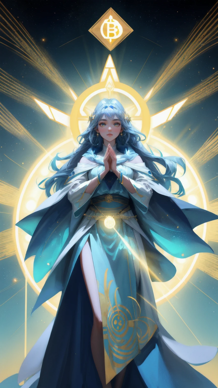 A striking image of a beautiful girl in a flowing blue robe, adorned with golden Bitcoin and Ethereum symbols as jewelry, standing in a powerful pose. She holds a glowing orb with a Bitcoin symbol inside, surrounded by shimmering digital particles that seem to radiate from her hands. The background is a vibrant yellow, with rays of light forming a halo effect behind her, evoking the feeling of a spiritual leader guiding her followers in the crypto space. The atmosphere is mystical, blending elements of ancient wisdom with futuristic technology.