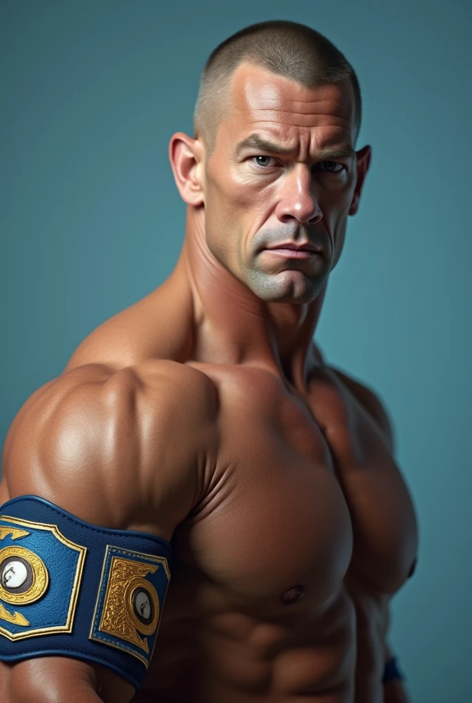 A photorealistic image of John Cena, with a serious expression, looking directly at the camera. He is muscular and has a shaved head. The background is a soft blue. He is wearing a blue and yellow wrestling strap on his left bicep. The image should be high resolution and have a cinematic look.