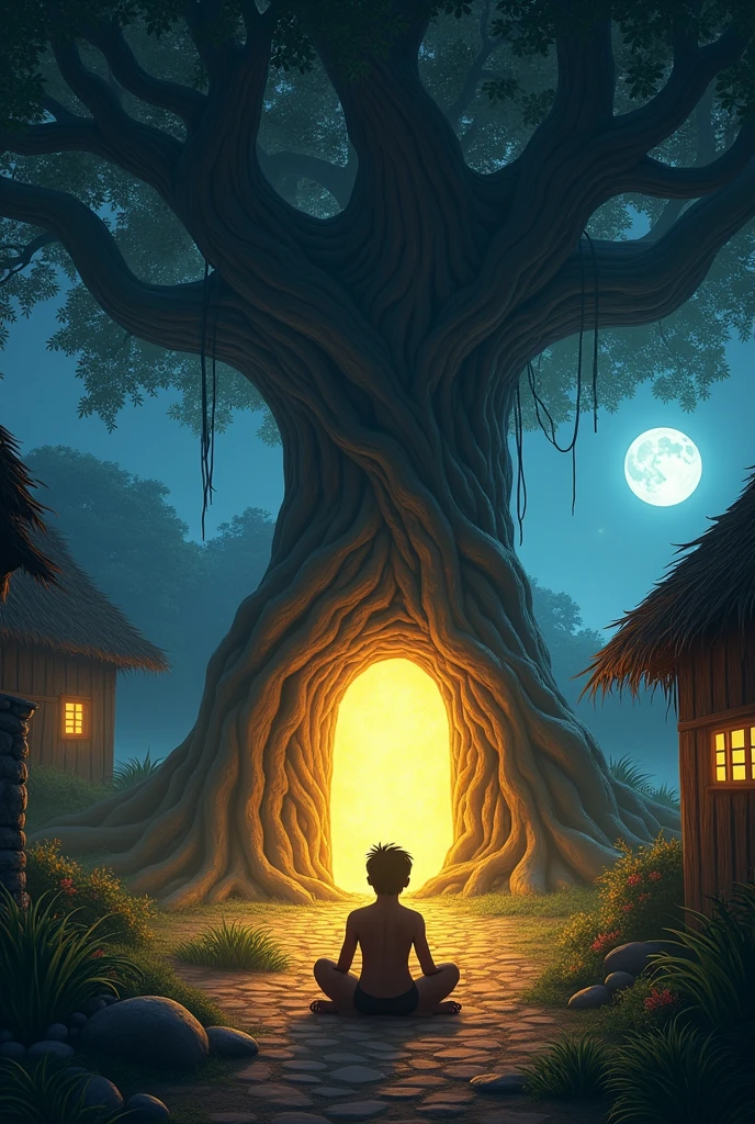 Generate in 16:9 ratio photo of A moonlit village scene bathed in golden light. A young man named Shiladitya, looking determined, sits under an ancient banyan tree in a dense forest at night. An old, mystical door opens in the tree trunk, emitting an ethereal glow, as Shiladitya prepares to enter.