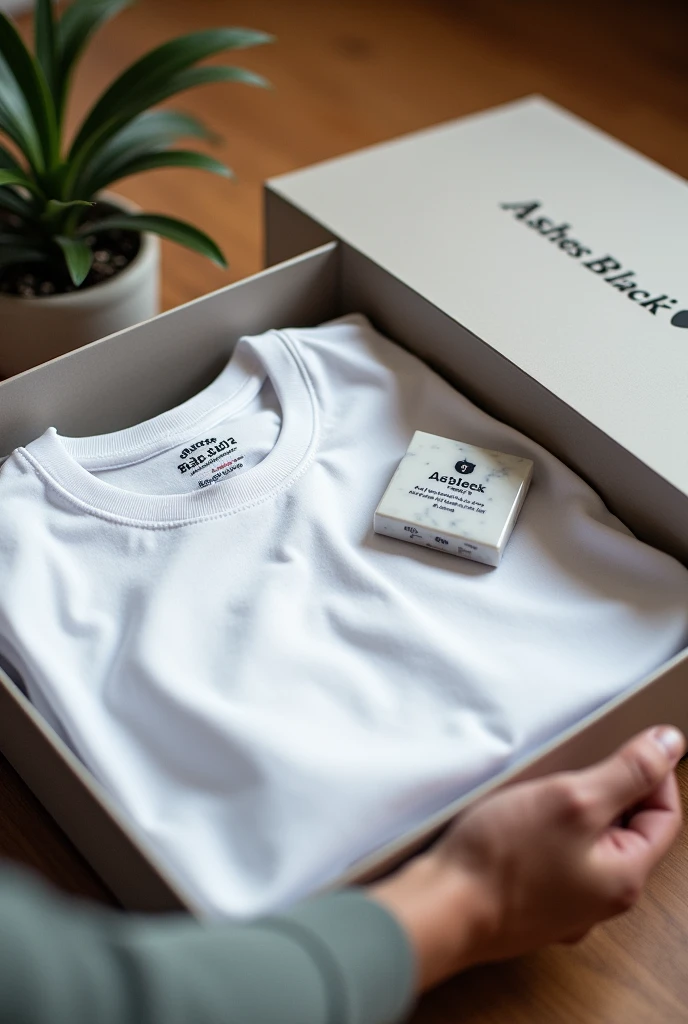 Unboxing a white ashes black shirt in a flat box having the logo on top inside the box is the shirt with tags on it and inside is a small mabale flat piece 5cm by 5cm having the logo and a Bible scripture on it