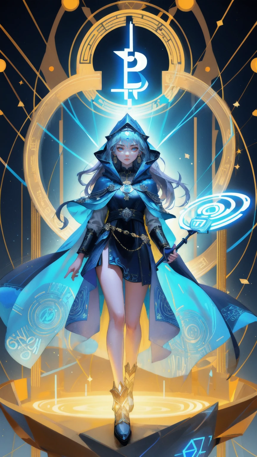 A captivating depiction of a beautiful girl dressed in a stylish blue cloak, layered with multiple chains bearing various crypto coins like Bitcoin and Ethereum. She holds a golden staff with a "HODL Faith" symbol at the top, surrounded by digital effects that resemble holographic scriptures and blockchain codes. Her expression is serene yet commanding, as if she is a guardian of digital wealth. The background is a bright, glowing yellow, with intricate patterns and symbols of the crypto world, creating an image that combines spiritual guidance with a modern twist.