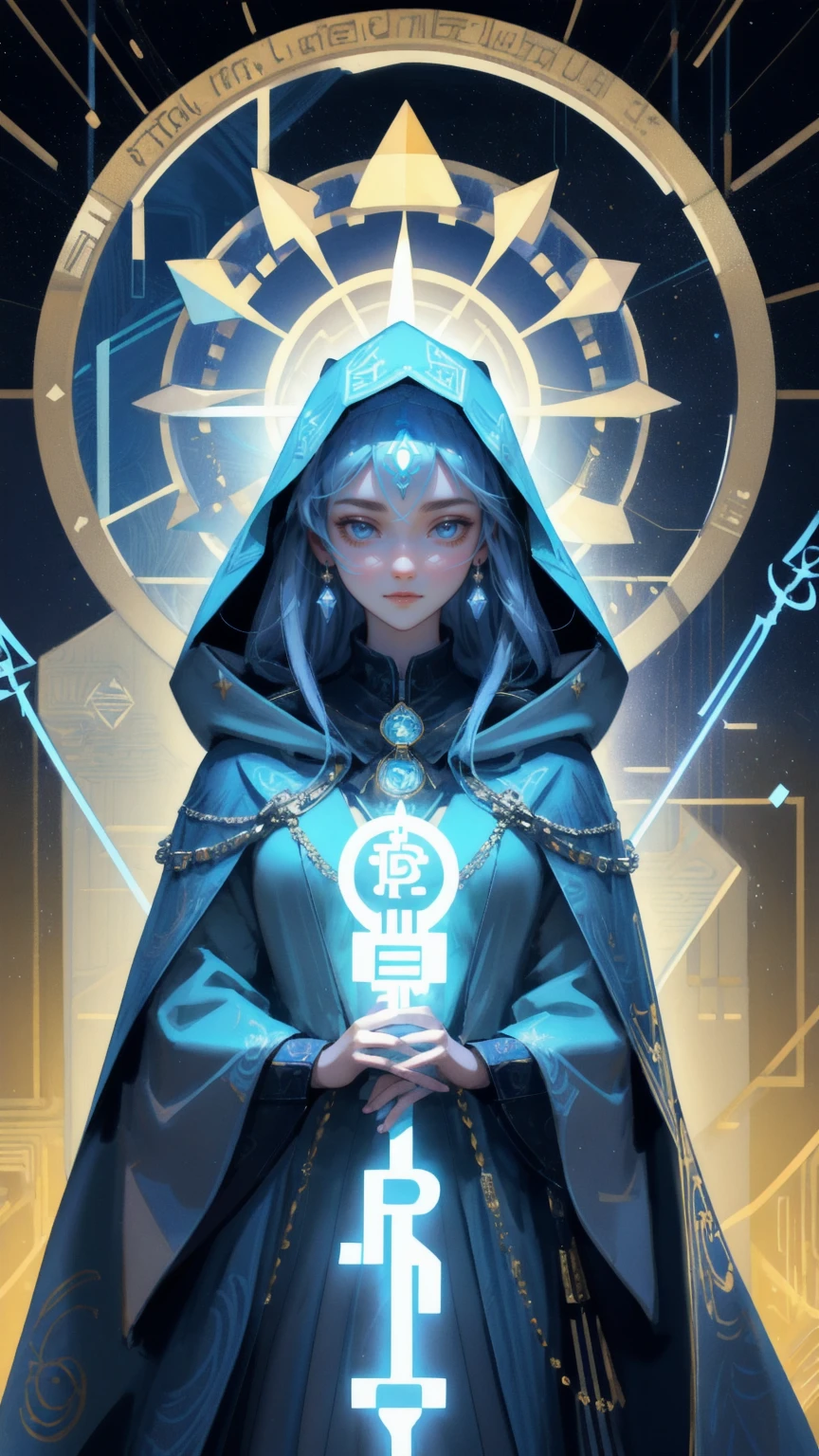 A captivating depiction of a beautiful girl dressed in a stylish blue cloak, layered with multiple chains bearing various crypto coins like Bitcoin and Ethereum. She holds a golden staff with a "HODL Faith" symbol at the top, surrounded by digital effects that resemble holographic scriptures and blockchain codes. Her expression is serene yet commanding, as if she is a guardian of digital wealth. The background is a bright, glowing yellow, with intricate patterns and symbols of the crypto world, creating an image that combines spiritual guidance with a modern twist.
