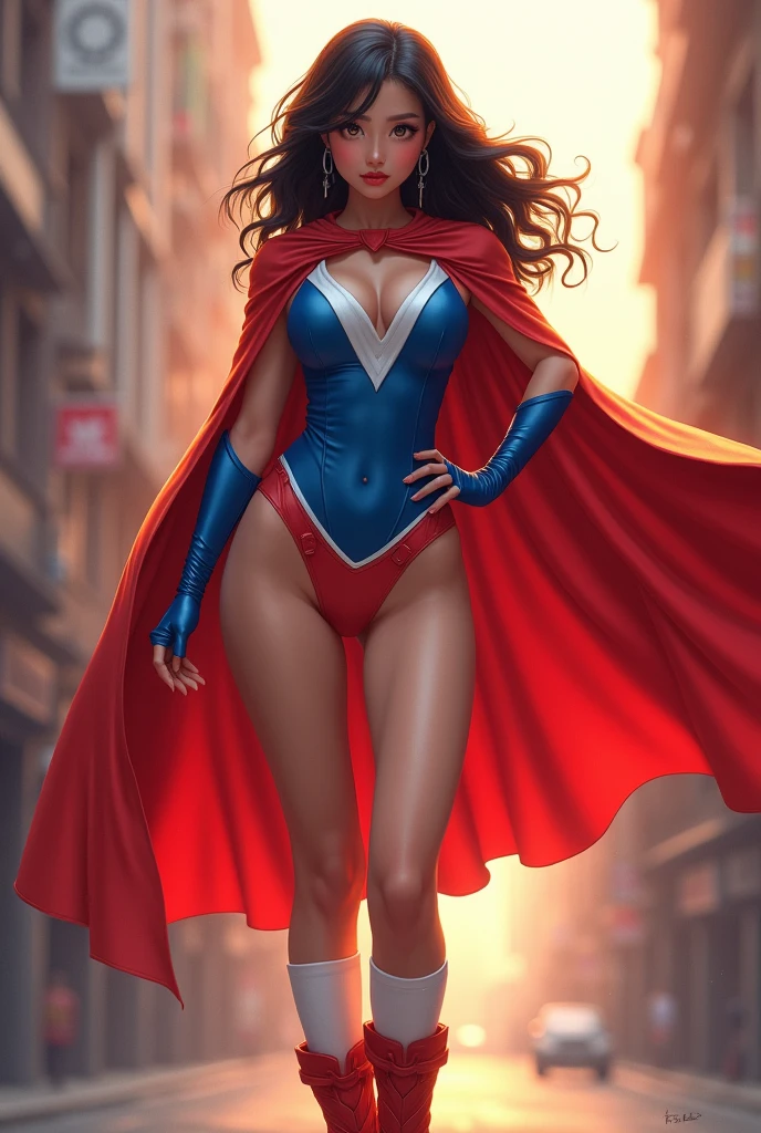 Woman, Asia, all-body, Round face, comely, eyes large, Bblack hair, hypdertailed, Athlete Physique, thick-thighs, breasts big, sexly, Moist skin, all-body图。Costumes: em spandex, red cloak, Siamese, Cramped, sleeveless, blue top, White on both sides, White inverted triangle symbol, Siamese hollow abdomen, red lengerie, white knee socks, red boots, Blue fingerless short sleeves, white short sleeve shooter, Red Domino Mask, Standing with one hand crossed on the waist, Bright energy aura