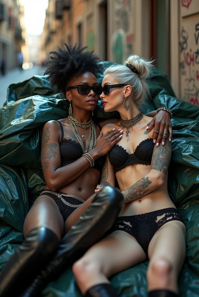 Two russian milf women: the dominant dark skinned gipsy woman with possessive stance (hands her partner"s shoulders) protecting the pale submissive and needy one, who is unconscious in laid back posture with legs  wide open with hands touching her chest and looking up with open mouth with wide open legs (her hair is messy). different clothes but same rock chic style. grey hair (bouffant, top bun) and oversized square sunglasses. Big lips.  Black lace push up bra, silicone breast,, low rise black lace thongs. Tall knee high leather boots with necklaces in ankles.. Lots of thick wide studded bracelets, chain necklaces and big rings,. Long earrings with chains and feathers. Chains around their hips. Lounging lazily on a pile dark green plastic bags. Lazy, leaning back, laid back pose, separated legs. Neck, chest, stomach, feet, hands, arms and wrists heavily tattoed.  Toned abdominals, thin neck, slim legs and thin arms. Narrow hips. Both, open legs. Full body. At a Madrid narrow street with graffitied walls. Nuns behind. Sunny day