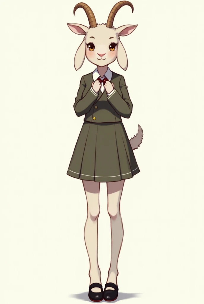 (furry) An anthropomorphic animal girl, a herbivorous goat species, tender, tall, voluminous breasts, medium-sized brown eyes, school uniform, age 1. Arms, legs and hands more human than animal and taller, standing with long, human-like legs, black school shoes, and human-like, long, pretty hands. beastars manga style face, *no hair* goat snout. and a small tail like a goat.