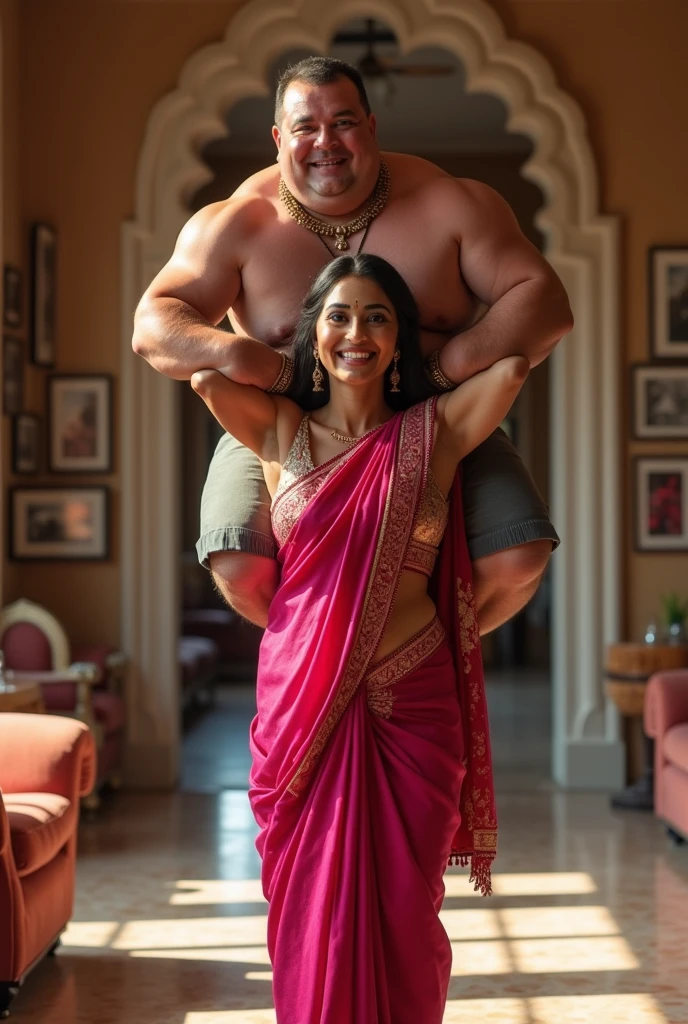 Beautiful indian woman in dark pink saree lifting up a large chubby man on her shoulders in a room, full body view