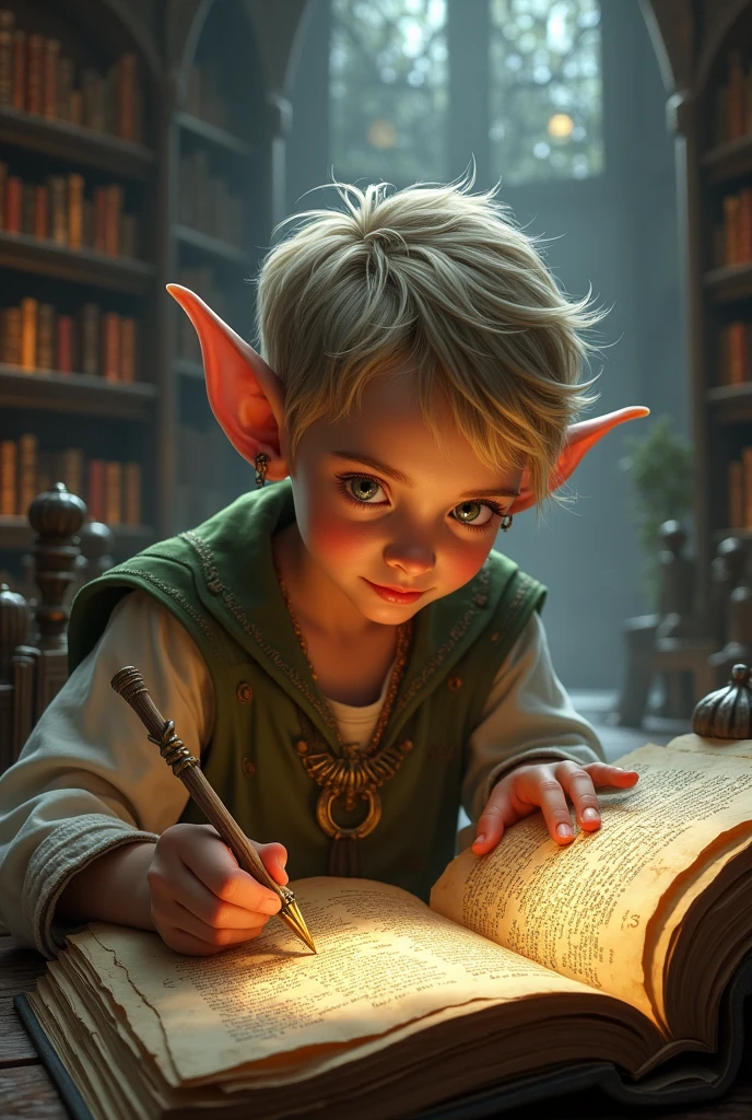 Elren as a young elf with bright eyes and a curious mind, immersed in ancient scrolls in a vast magical library. His expression of fascination reveals his thirst for knowledge, as your hands slowly run through the pages of the forbidden texts.