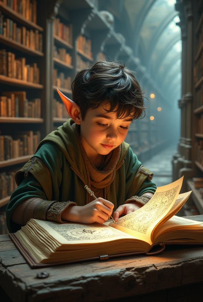 Elren as a young elf with bright eyes and a curious mind, immersed in ancient scrolls in a vast magical library. His expression of fascination reveals his thirst for knowledge, as your hands slowly run through the pages of the forbidden texts.