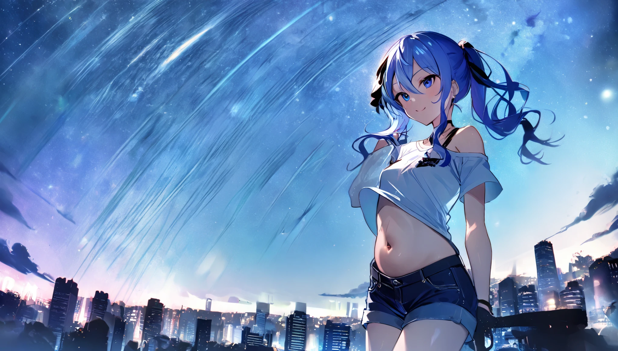 (8k、Best image quality、highest quality、masterpiece)、Detailed face、 1girl、Blue Hair、Long Hair、sideponytail、dark_blue_eyes、smile,(navel:0.6),Moderate_torso、small_breasts,((White T-shirt))、Off the shoulder、Black shoulder straps、(open_front_denim_short_shorts:1.2)、Cowboy Shot、Shoot from below、City Background, starry_sky_landscape ,hoshimachi suisei, slender,(covered_nipples:0.3), (belly button:1.2),nihil,solo,stargaze,girl_looking_up_sky,(abs:0.6)