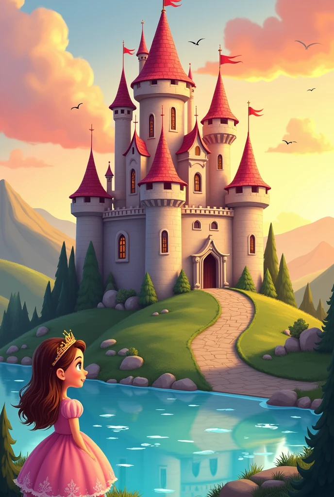 Create a picture of a fairytale castle for a princess as a cartoon character