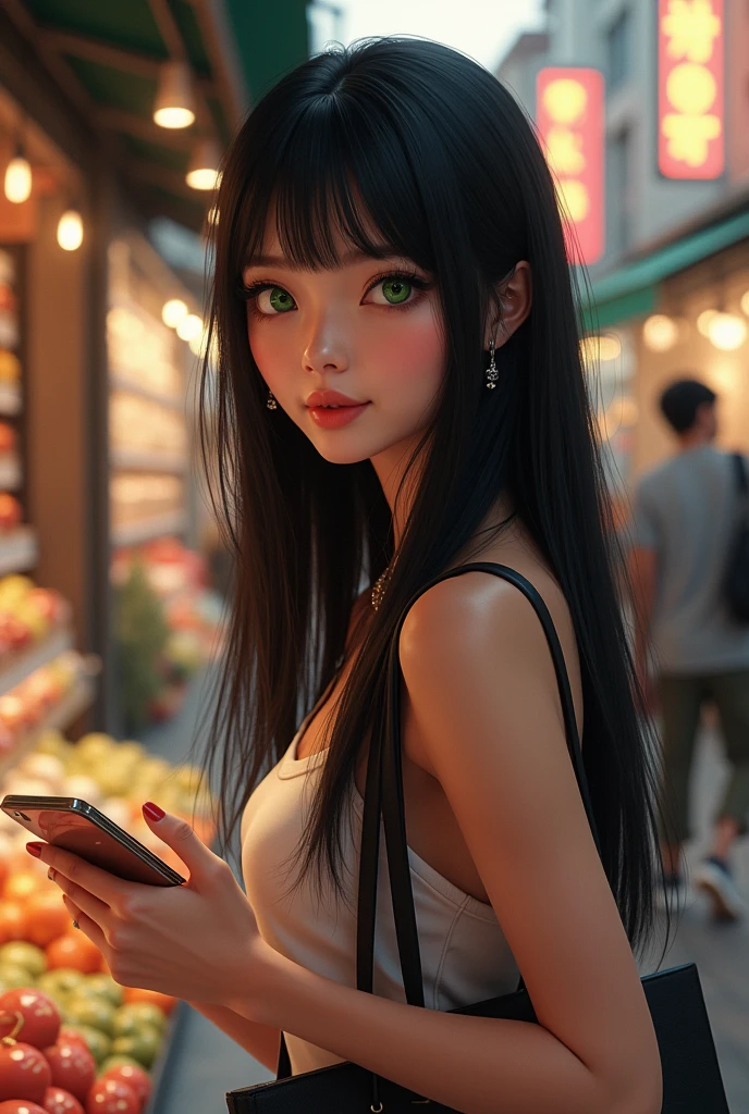 A realistic woman with straight black hair, avec des yeux vert en train de faire du shopping