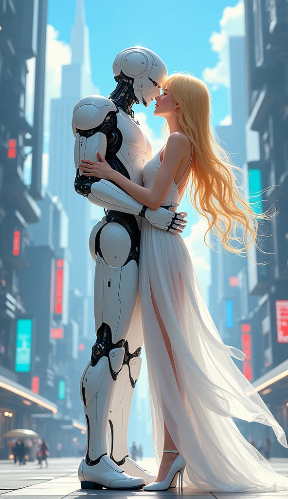 Anime Girls, White Dress, White high heels, Pretty face, Full Height, Hugging her long-haired blonde robot boyfriend、The background is a futuristic landscape