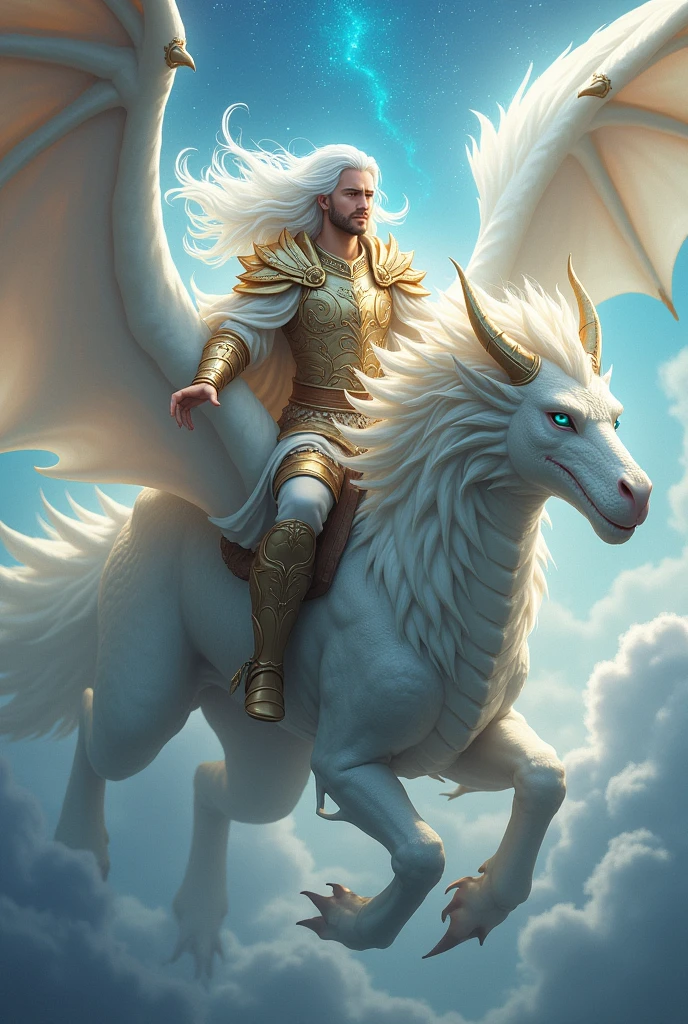 A male paladin with long, white hair flying atop a white celestial dragon with white and gold wings and blue eyes.