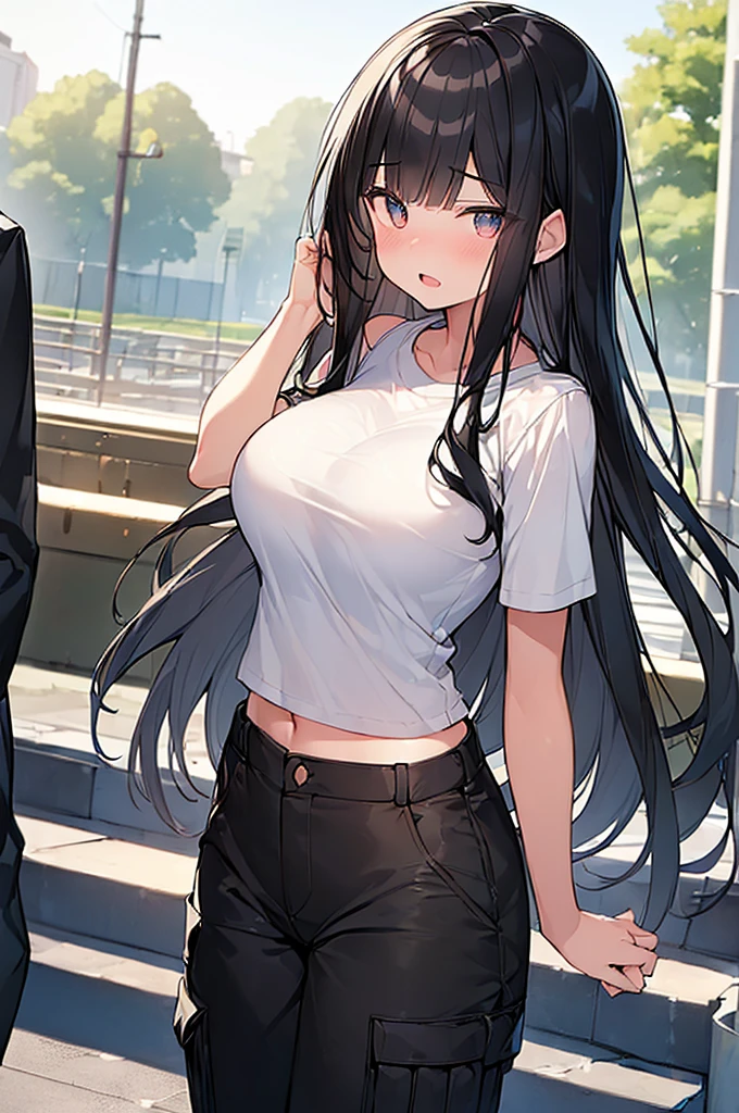 Best image quality, 8k, (Ultra-high resolution:1.5,Japanese,smile,Delicate eyes,Sensitive face,Attractive face,Long Black Hair、In town、night、Light Fantastic、Black tank top、White mini skirt、Looking back at me、Blue Eyes、pants、Big Breasts、