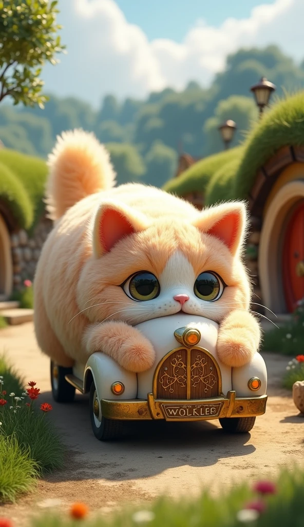 3D cute A whimsical and fluffy cat-shaped truck parked in the middle of a charming Hobbit village. The truck is designed to look like a giant plush cat doll, with soft, thick fur, round eyes, and cute ears on the roof. The village is filled with small, round doors, grassy hills, and cozy, earthy homes typical of a Hobbit settlement. The cat truck stands out with its pastel colors and oversized, colorful image, plush appearance, adding a playful and magical touch to the idyllic setting. Curious Hobbits can be seen peeking out of their homes, smiling and pointing at the unusual sight, masterpiece