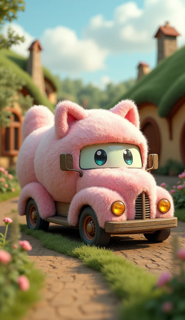 3D cute A whimsical and fluffy cat-shaped truck parked in the middle of a charming Hobbit village. The truck is designed to look like a giant plush cat doll, with soft, thick fur, round eyes, and cute ears on the roof. The village is filled with small, round doors, grassy hills, and cozy, earthy homes typical of a Hobbit settlement. The cat truck stands out with its pastel colors and oversized, colorful image, plush appearance, adding a playful and magical touch to the idyllic setting. Curious Hobbits can be seen peeking out of their homes, smiling and pointing at the unusual sight, masterpiece