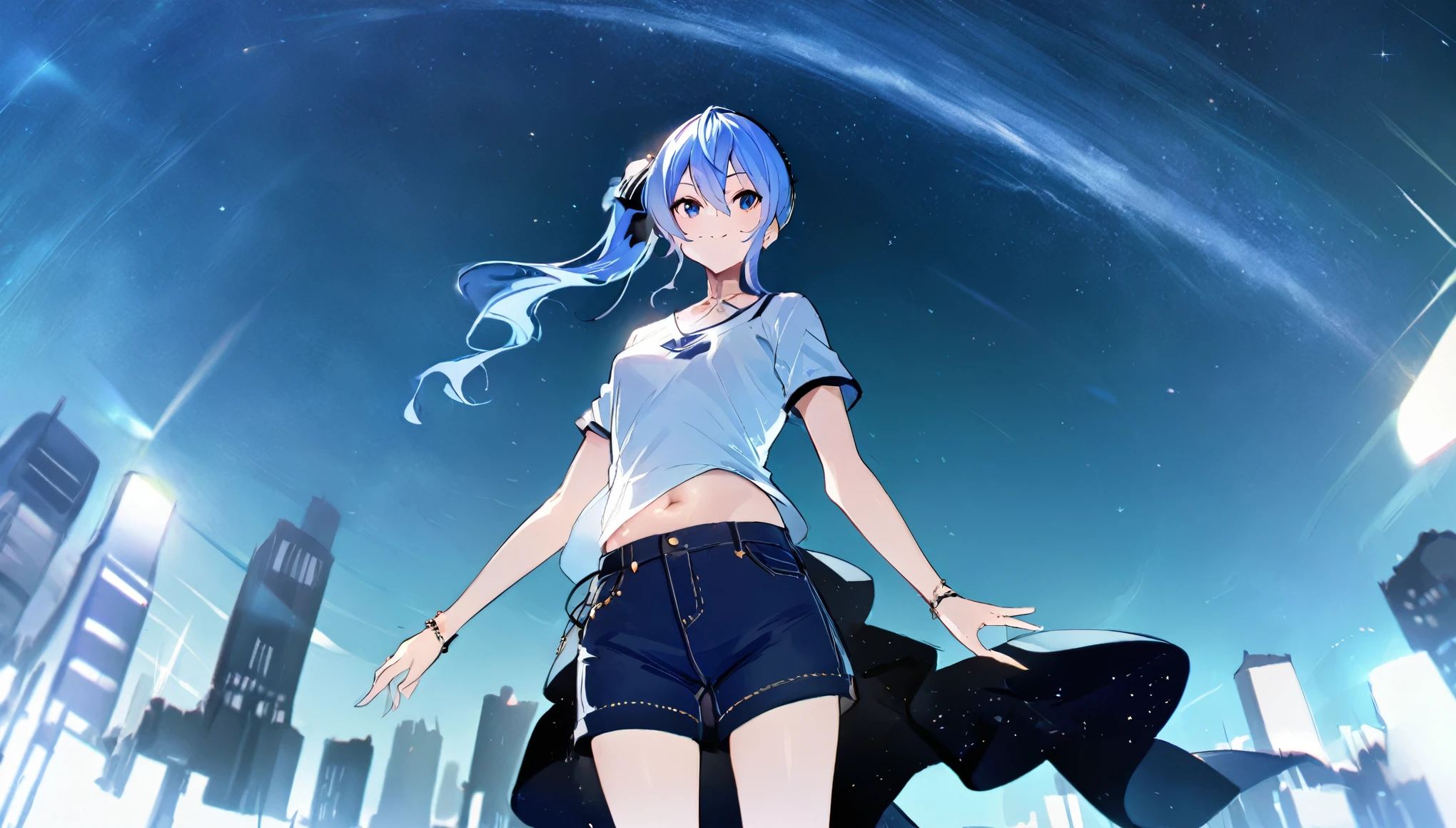 (8k、Best image quality、highest quality、masterpiece)、Detailed face、 1girl、Blue Hair、Long Hair、sideponytail、dark_blue_eyes、smile,(navel:0.6),Moderate_torso、small_breasts,((White T-shirt))、Off the shoulder、Black shoulder straps、(open_front_denim_short_shorts:1.2)、Cowboy Shot、Shoot from below、City Background, starry_sky_landscape ,hoshimachi suisei, slender,(covered_nipples:0.3), (belly button:1.2),nihil,solo,stargaze,girl_looking_up_sky,(abs:0.6)