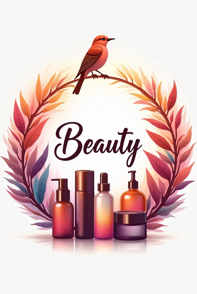 A logo for a beauty brand named "modern" full of all realistic beauty products around it in a circle with bright colors and professional design and a really small bird sitting on the top of the brands name