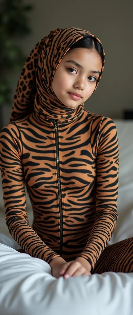 A beautiful  Muslimah girl with nice cheeks wear tiger print Lycra turtleneck unitard catsuit and tiger print Lycra dancewear hijab-like hood that is very stretchy.