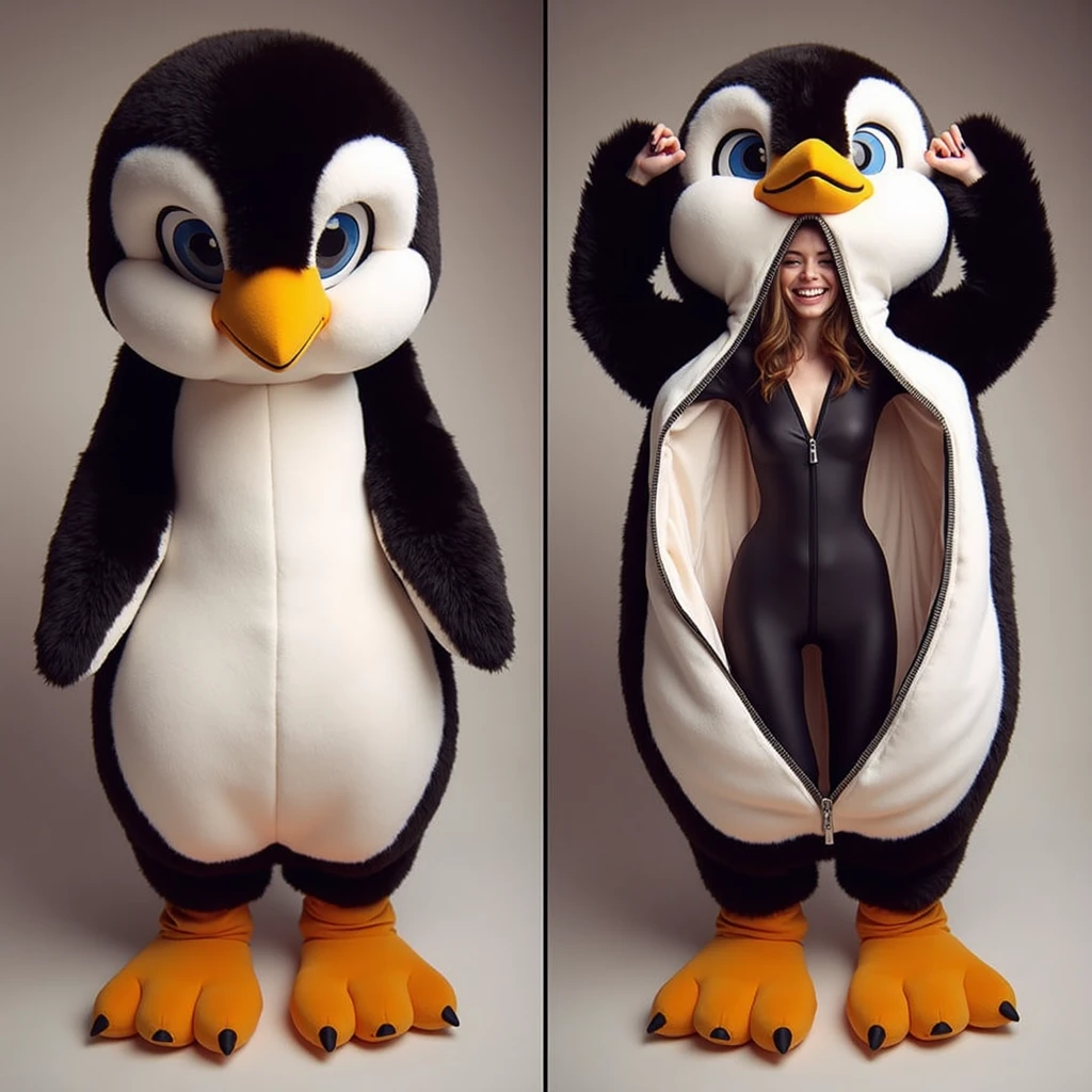the costume, with one view showing her standing inside the bear and the other view showing her standing outside of the costume. The stuffed bear is quite large, covering a significant portion of the woman's body. The scene is playful and fun, with the woman having a good time in her unique attire