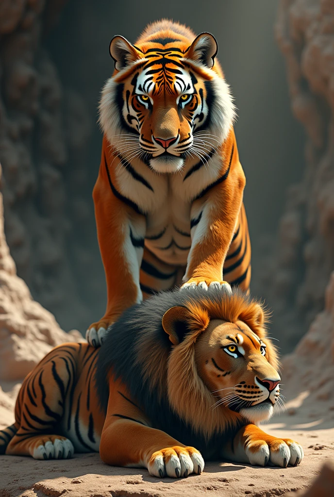 Tiger standing on lion