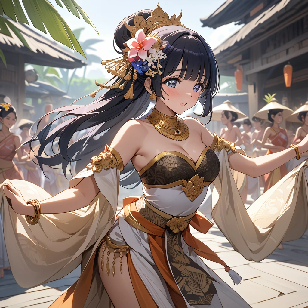 ((Highest quality)), ((masterpiece)), (detailed), (Perfect Face)、The woman is Reika Aoki with semi-long hair、A woman is dancing a Balinese dance in a Balinese costume in Bali, Indonesia