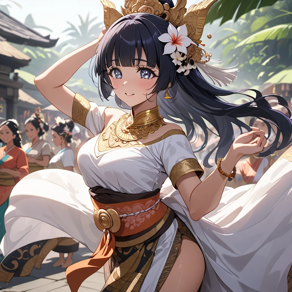 ((Highest quality)), ((masterpiece)), (detailed), (Perfect Face)、The woman is Reika Aoki with semi-long hair、A woman is dancing a Balinese dance in a Balinese costume in Bali, Indonesia
