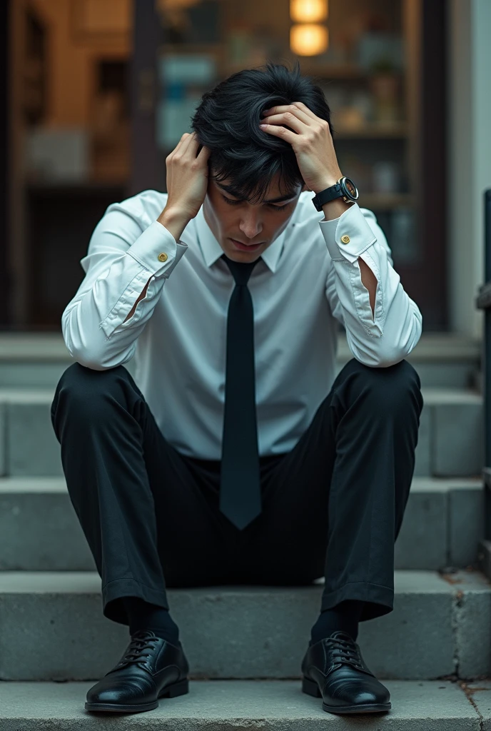 Picture of a depressed young man wearing formal office clothes and sitting on the stairs of a local shop keeping his hand on his forehead
