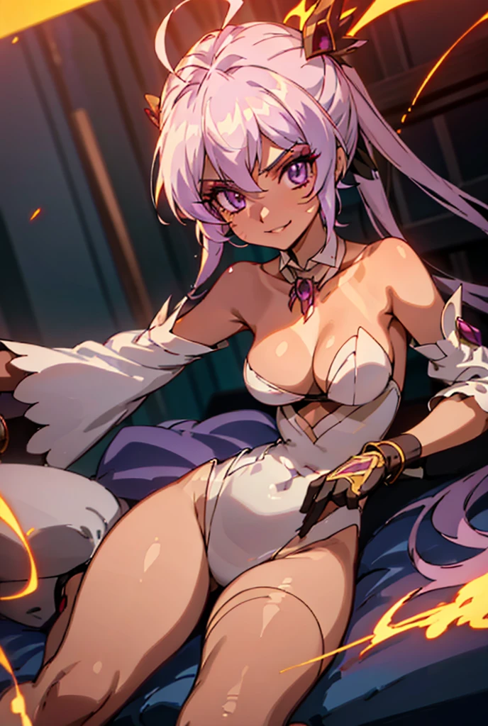 ((masterpiece)), ((best quality)), (high resolution), (illustration), (an extremely delicate and beautiful), (ultra detailed beautiful face and eyes), nsfw,   1girl, leaning forward,  YukineChris, long hair, purple eyes, twintails, low twintails, ahoge, large breasts,  satin playboy bunny, fishnet pantyhose, red a bow tie,  volumetric lightning, detailed skin texture, detailed, volumetric shadow, anime screencap,Lying down、Highest quality, Sorceress, ancient babylonian nobility, ((tan skin:1.2)), (brown skin color),Long hair, twin braids, hair ornament, wine colored hair, smile, Below average size breasts, bare shoulders, (underboob:0.9), (thighs:0.9), athletic, Babylonian dress, fantasy, navel cutout, two veils from neck to thigh covering breasts, (sideless:1.1), (thighhighs:0.9), sitting, pose, mesh under bodystocking, (fireball:1.1), (flames:1.1), classy babylonian room, night, (underlighting:0.9), sharp focus, looking at viewer, (intricate:1.1), (purple tone:1.1), (red tone:0.9), ancient persian panorama seen from a window, llustration, anime coloring, high contrast, holding a single wine glass in right hand, holding a magical fireball in left hand, adult, bridal gloves, detached sleeves, veiled sleeves, loose sleeves, ornate jewellery, jewelled metal bracelets, choker, (vibrant makeup:1.4), (vibrant eyeliner:1.4), (vibrant bodypainted lines:0.7), athletic, toned, high heels, background has exquisite furniture, dragon skull mounted on a wall, magical staff mounted on a wall, bookcases, ancient scrolls, magic tome open on a pedestal, expensive cushions,Nude、Large guns、Dual pistols
