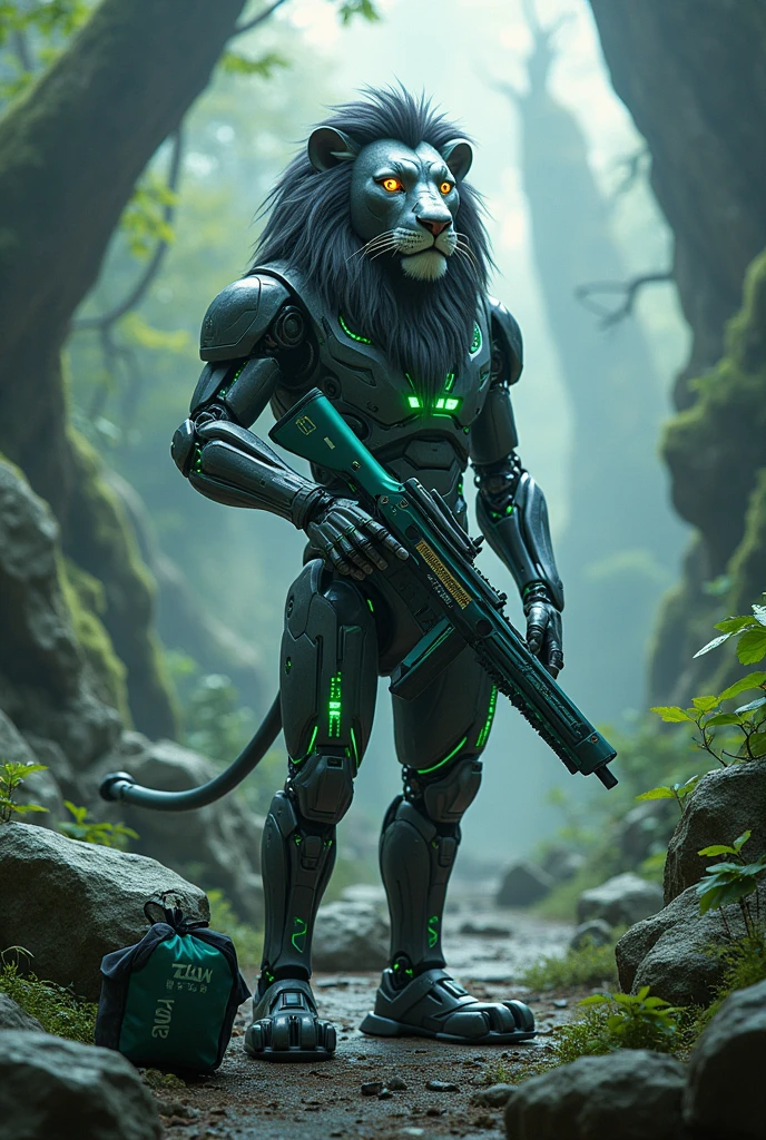 Lion king robotic shots dezine blue and black showing gun with green bag background rock forest at name Text and tag 7tw king