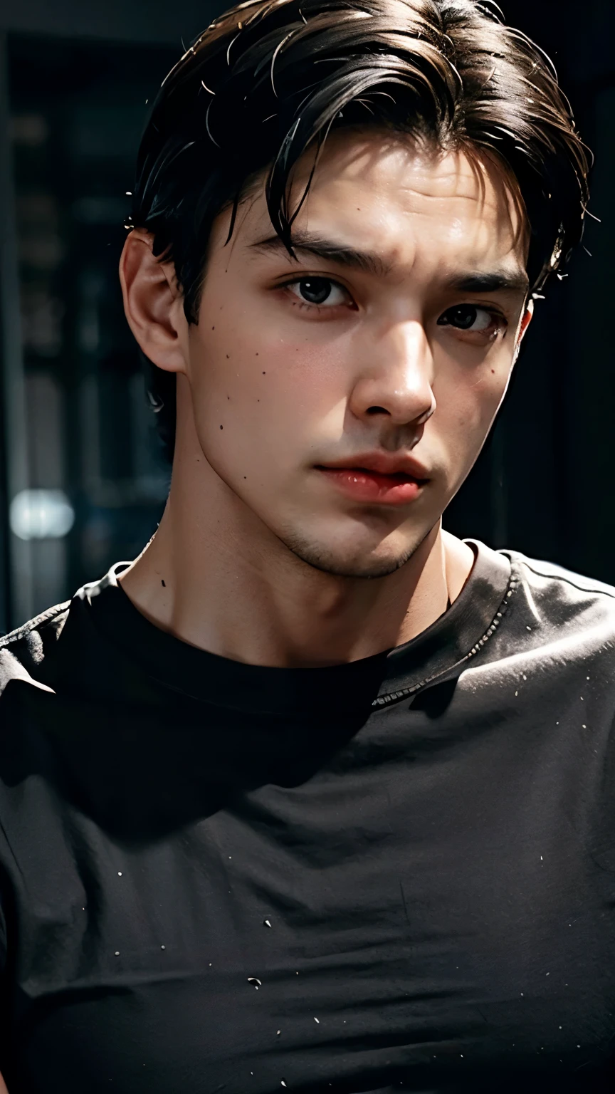 Young Bruce Wayne man black hair, big muscular body, black t-shirt, in dark room, close up face short